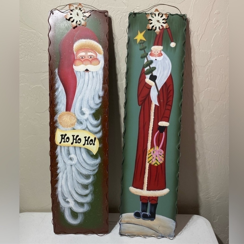 World Santa Hand Christmas Painted Hanging Art Lot of 2